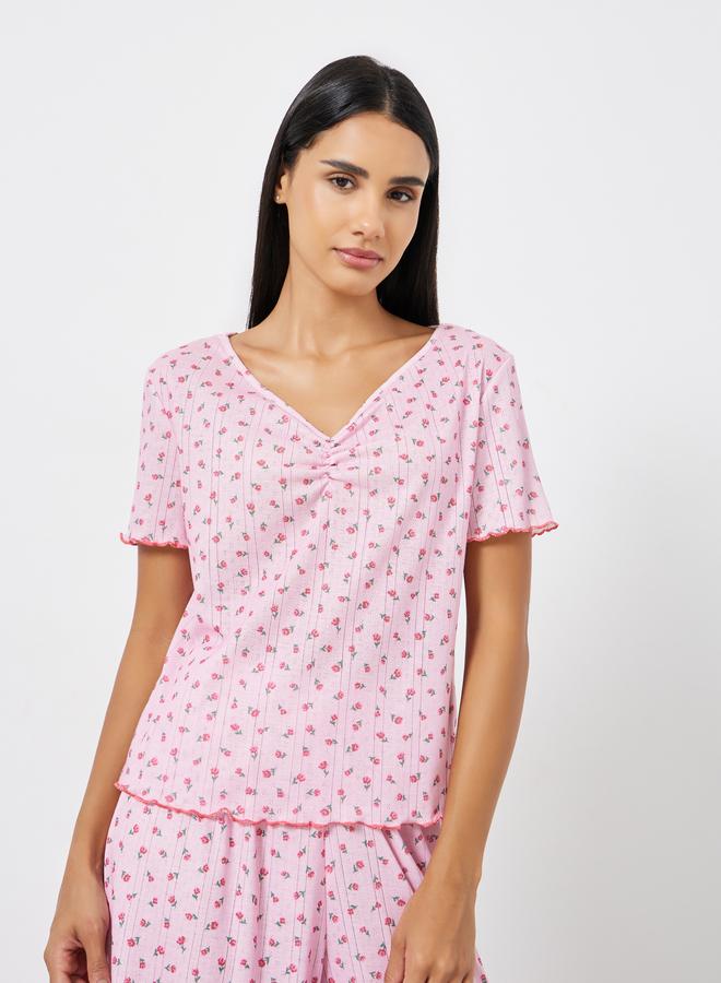 Styli Ditsy Floral Pointelle Dropped Shoulder T-Shirt and Wide Leg Pyjama Set - Image 3